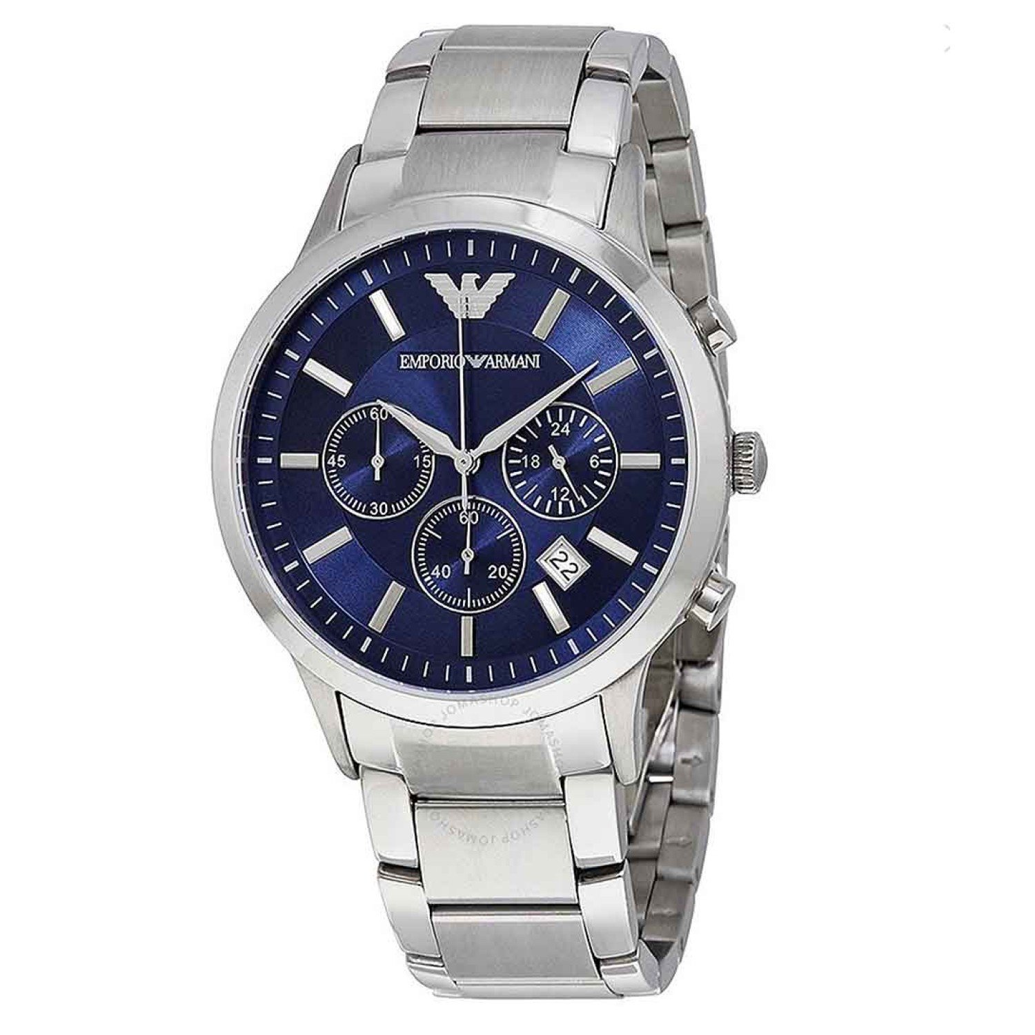 AR2448 Emporio Armani Mens Chronograph Watch. The  AR2448 Mens Emporio Armani watch has a stainless steel case and clear navy blue dial with silver baton hour markers and other elegant silver touches. Also features chronograph, date function and powered b